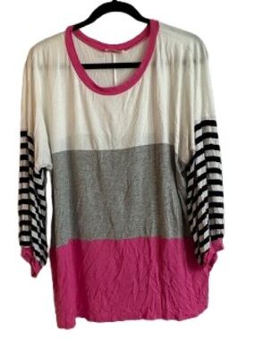 ADORA Pink, Gray, White Colorblock Scoop Neck Top with Striped Sleeves